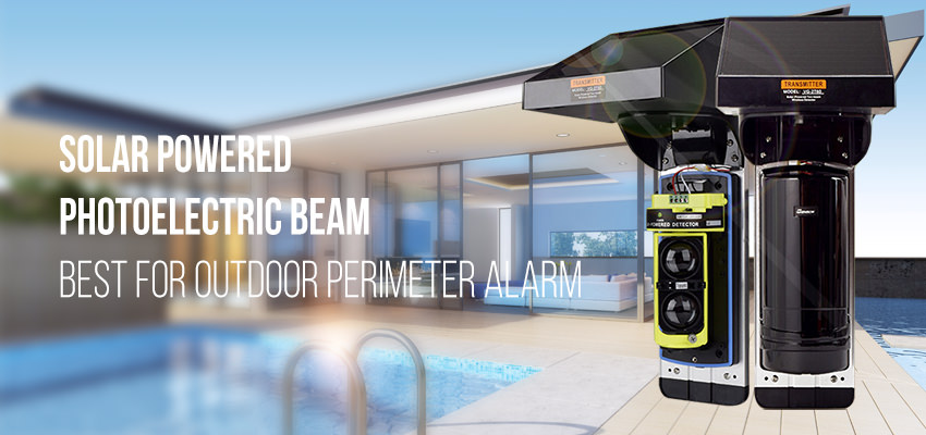 Solar powered photoelectric beam perimeter alarm sensor
