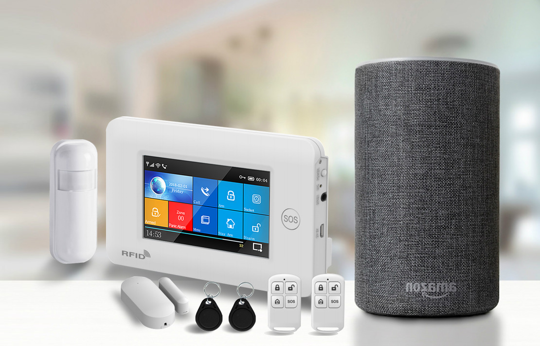 Wireless home alarm system works with Amazon Alexa