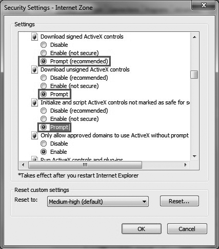 IE security settings - Internet Zone